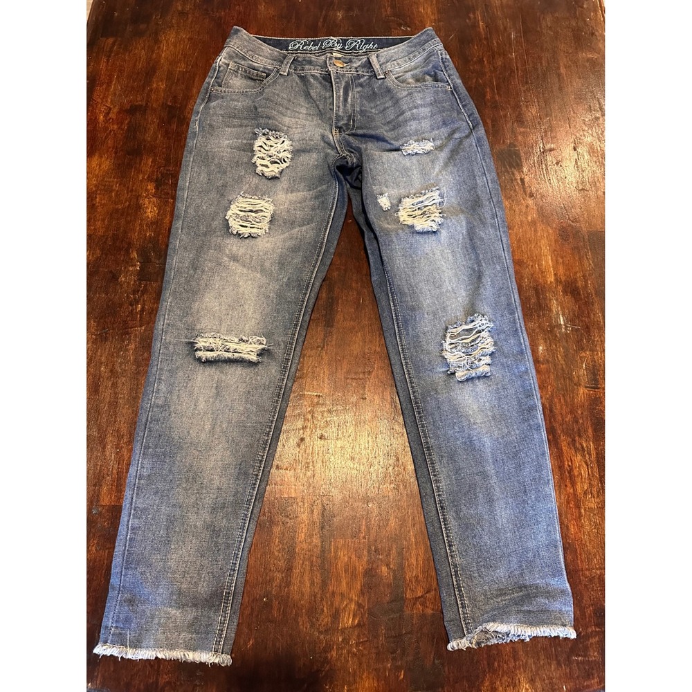 Rebel By Right Distressed Jeans Womens 7 Blue Excellent Ripped Frayed Hem